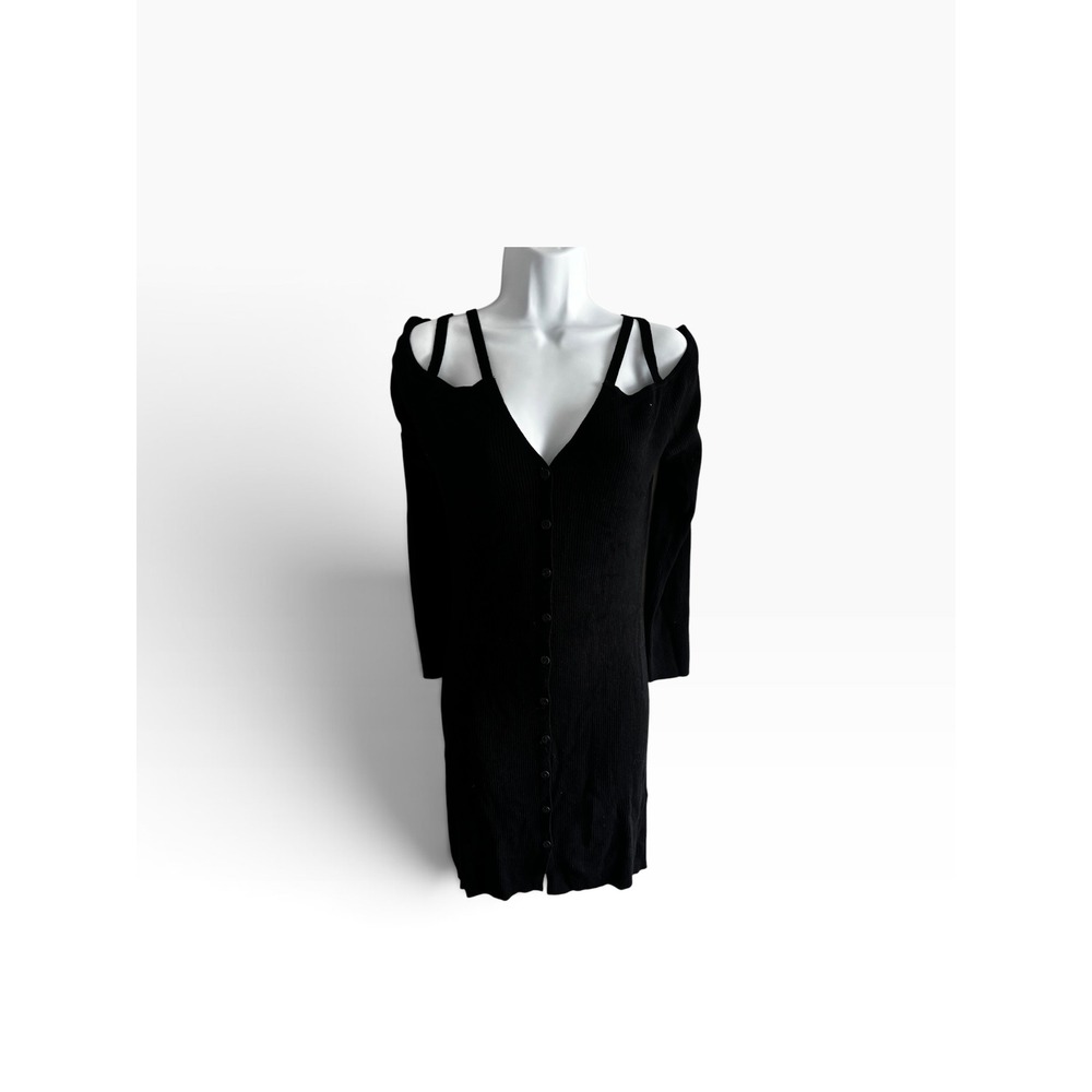 Miss Selfridge Ribbed Knit Dress 10 Black Cold Shoulder Button Down Edgy Chic